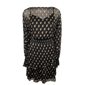 INC Dress Women's LARGE Black Gold Paisley‎ Long-Sleeve Sheer-Overlay NEW